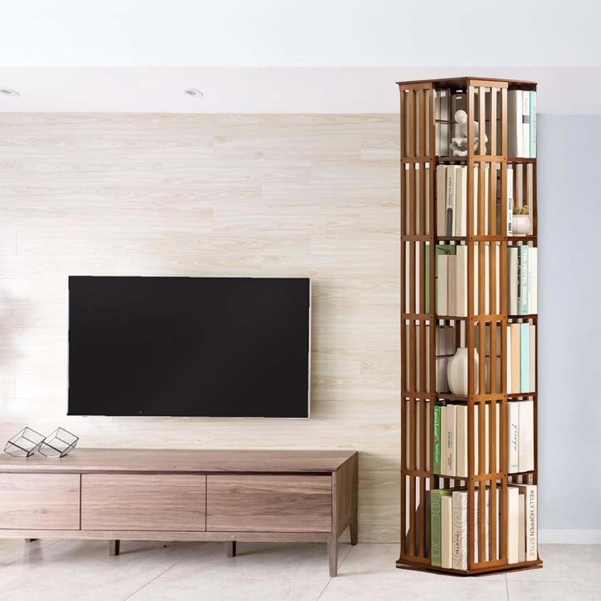 360° rotating bamboo bookshelf tower product view