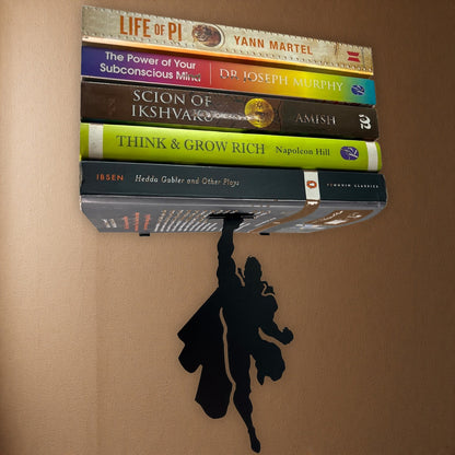 Vertical Hold superhero floating bookshelf on realistic brown wall