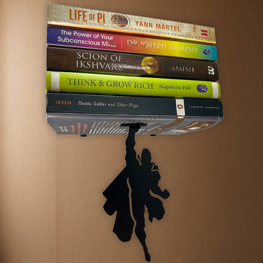 Vertical Hold superhero floating bookshelf on realistic brown wall