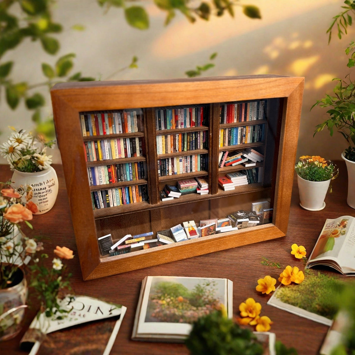 Anxiety mini bookshelf wooden glass-front case filled with colorful tiny books