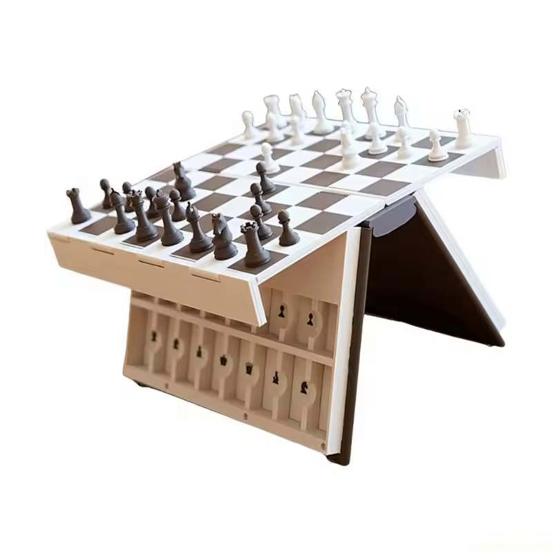 Chess book opened into a standing board with pieces set up