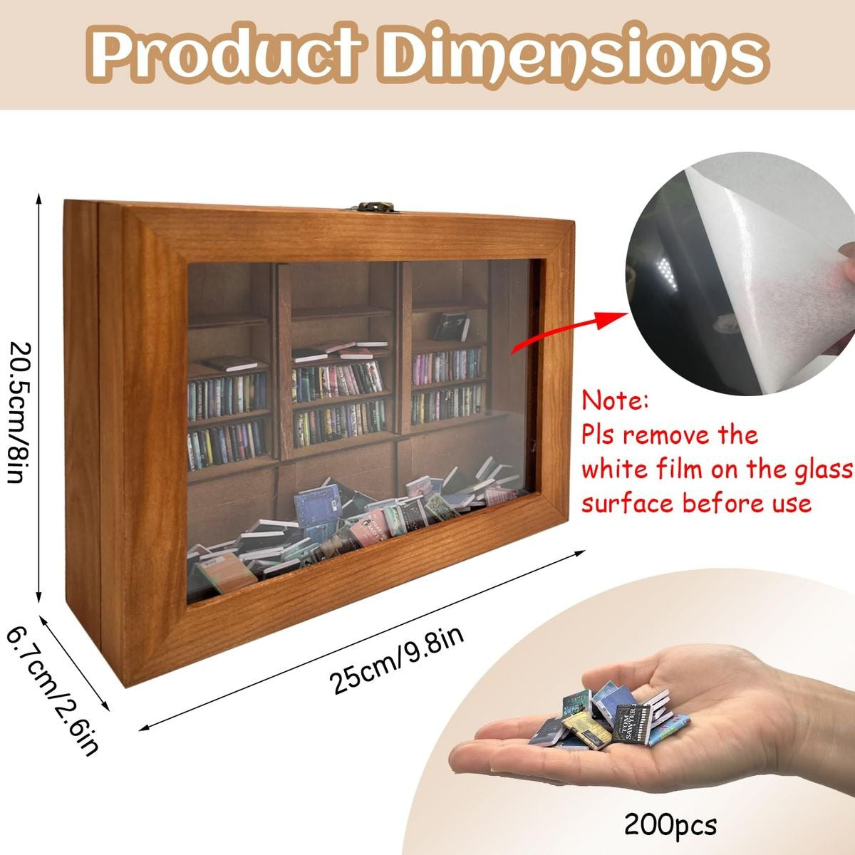 Front view of wooden miniature bookshelf with acrylic door and ~200 mini books