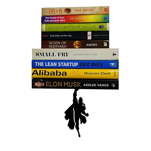 Vertical Hold superhero floating bookshelf with stacked books
