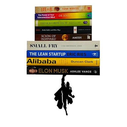 Vertical Hold superhero floating bookshelf with stacked books