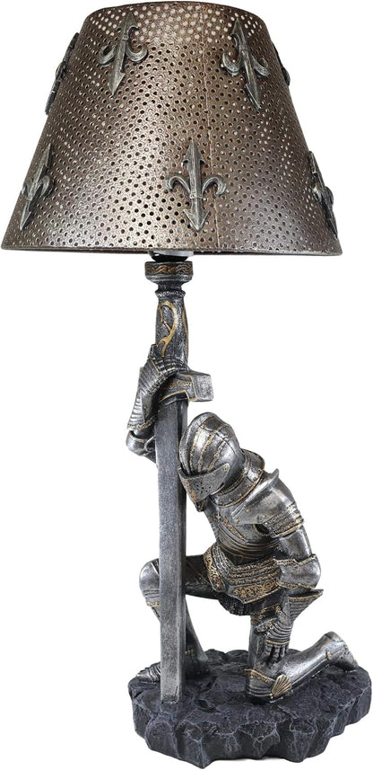 Kneeling knight sword table lamp, front view