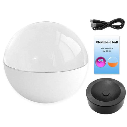 Crystal ball video orb in white with its black display base, USB-C cable and guide