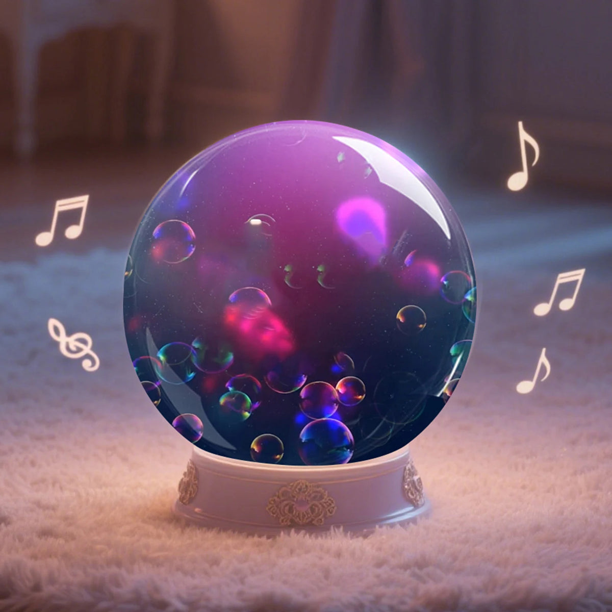 Crystal ball video orb lit up as a night light with colorful glowing bubbles