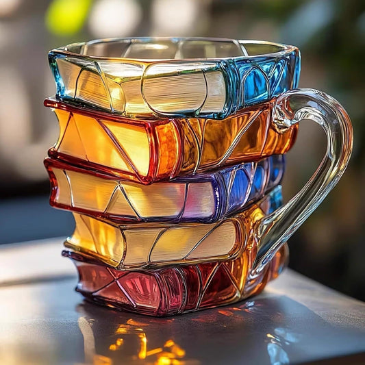 Translucent stacked books glass coffee mug glowing on a dark table