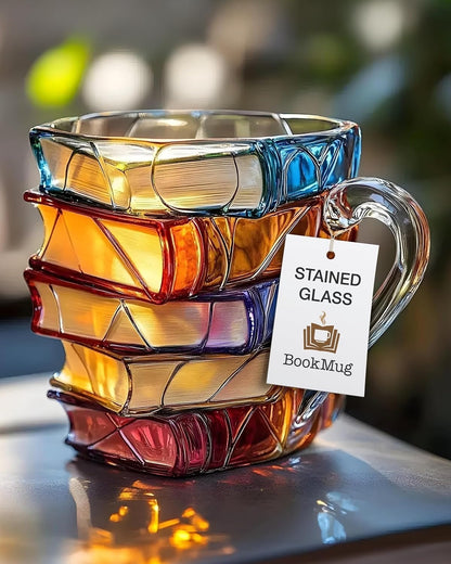 Stacked books stained glass style coffee mug with hang tag