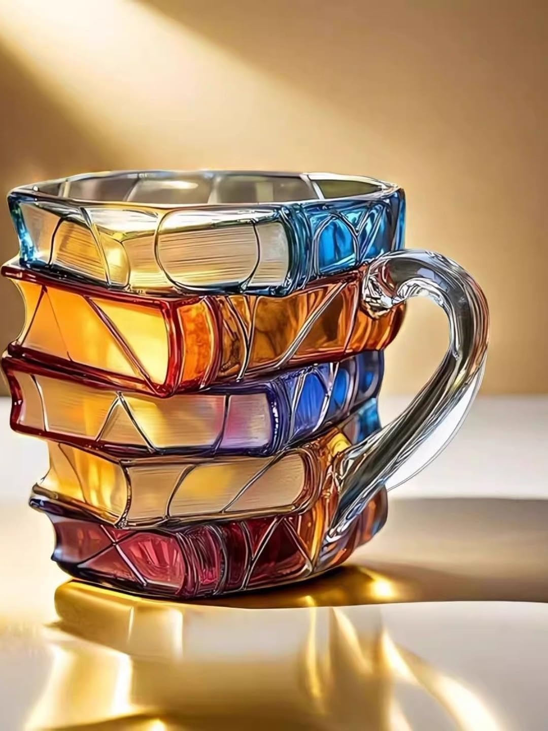 Close up of translucent book stack glass mug showing page ridges