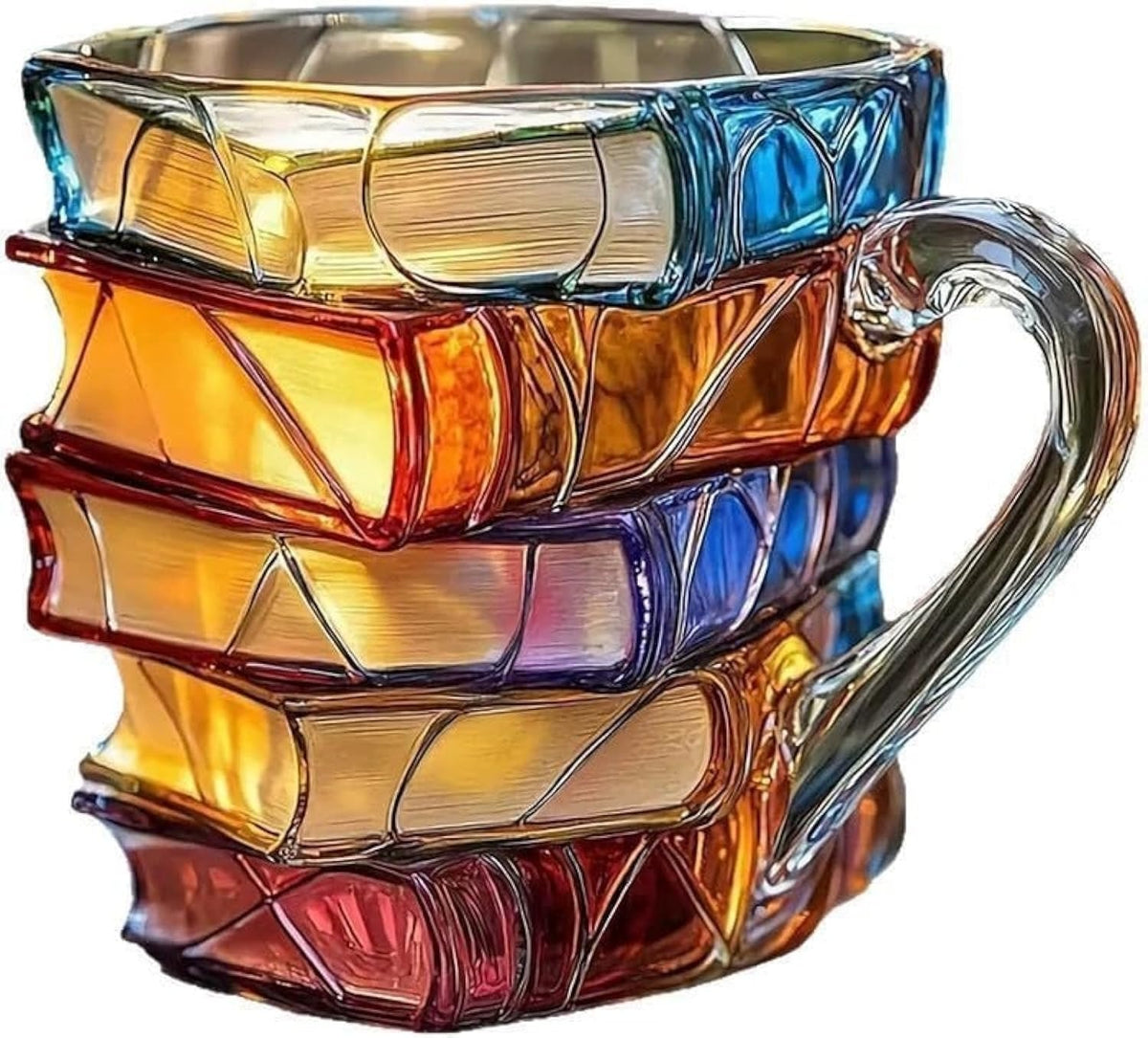 Stacked books glass coffee mug on white background