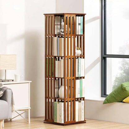 360 rotating bamboo bookshelf tower with vertical wood slats in bright room