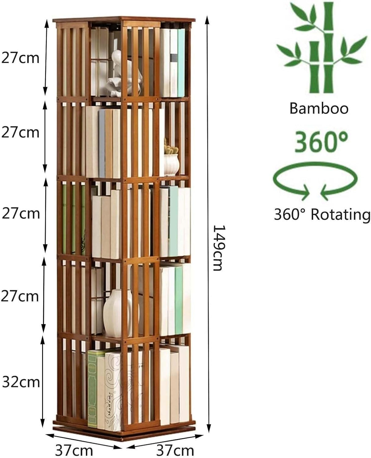 Bamboo rotating bookshelf tower — alternate angle