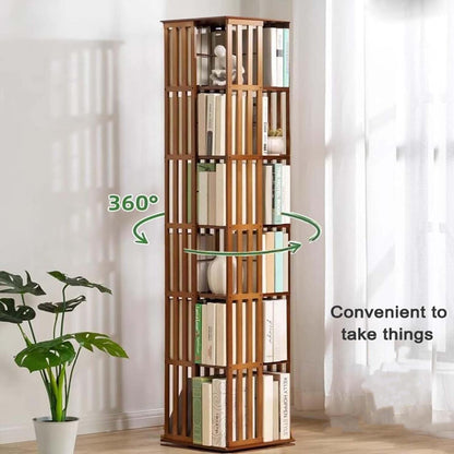 Wood-slat 360 bookshelf tower filled with books