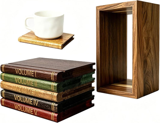Set of 5 wooden book spine coasters with wooden stand and mug demo