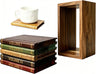 Set of 5 wooden book spine coasters with wooden stand and mug demo