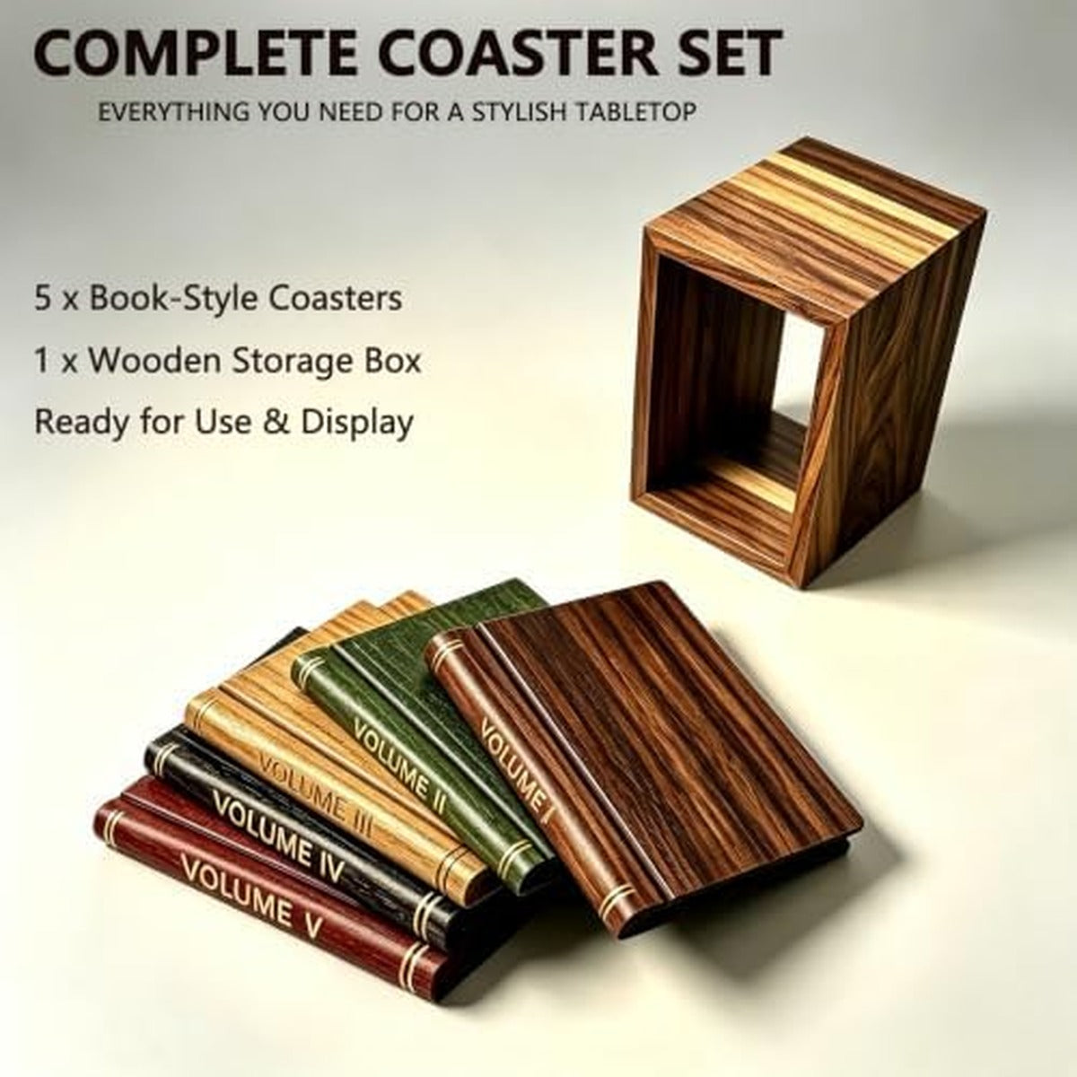 Complete coaster set VOLUME I through V fanned with wooden storage box