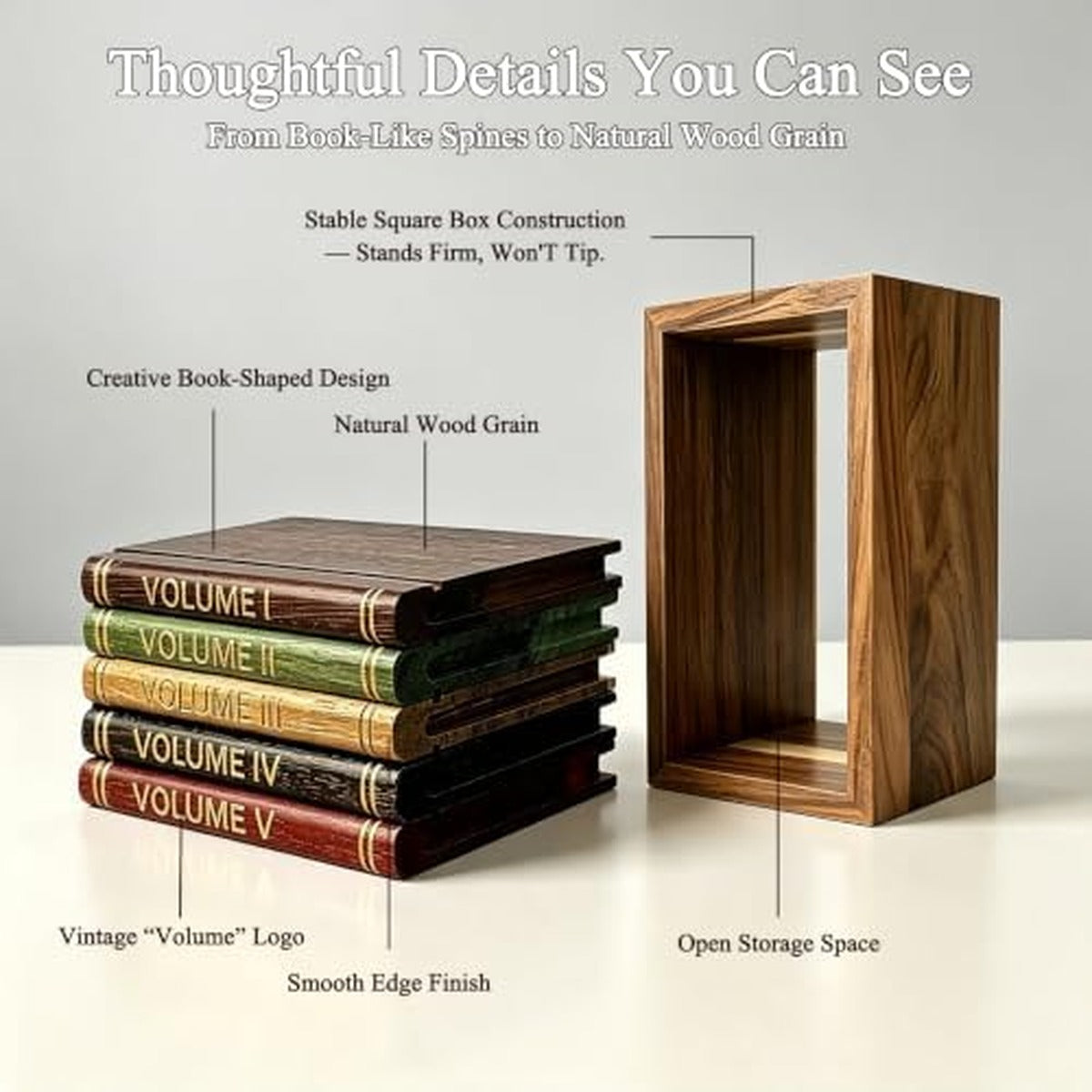 Book style coaster details with gold VOLUME spines and wood grain
