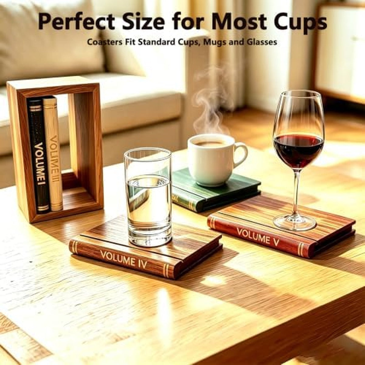 Book spine coasters on coffee table under mugs and glasses