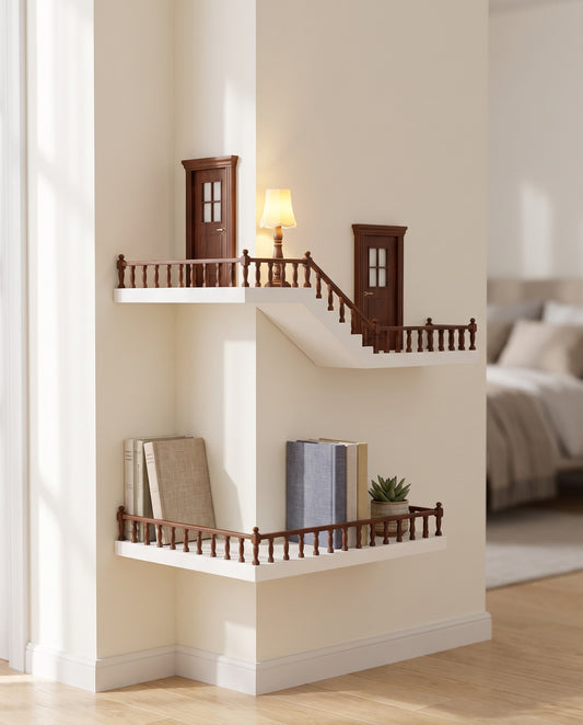 Miniature white wood corner balcony shelf on soft white wall, hero view
