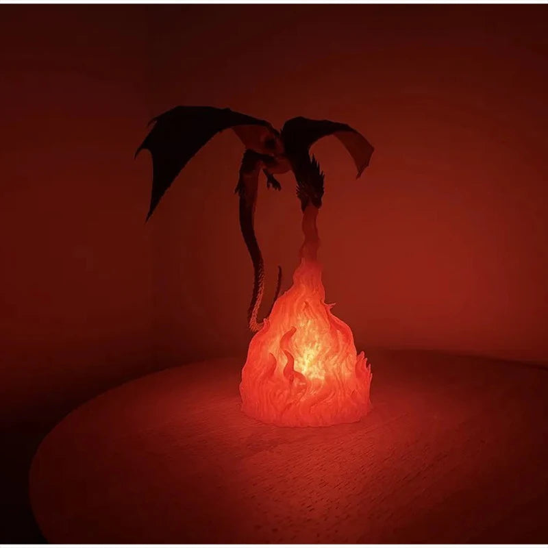 Glowing LED dragon lamp lighting up a dark room with warm red light