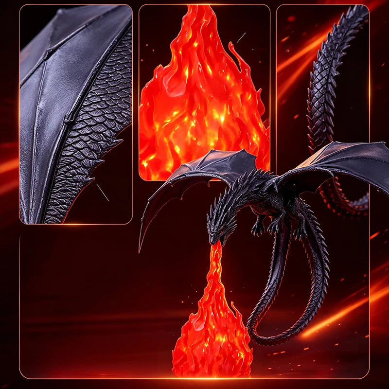 Close up details of the LED dragon lamp wings, scales and glowing flame