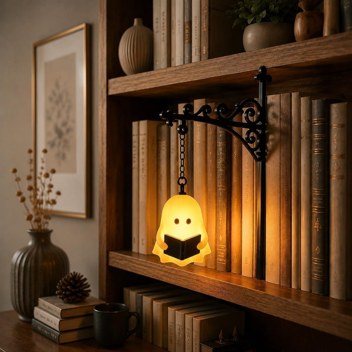 Ghost hanging bookshelf lantern reading ghost warm glow