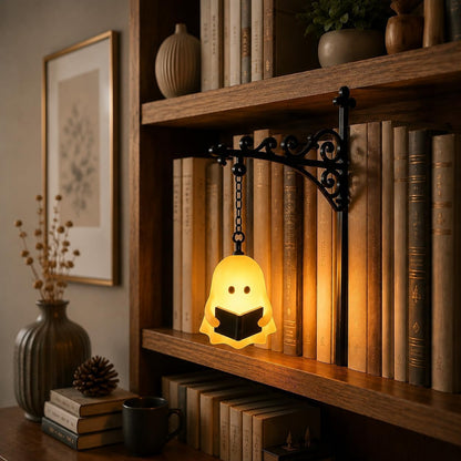 Ghost hanging bookshelf lantern reading ghost warm glow
