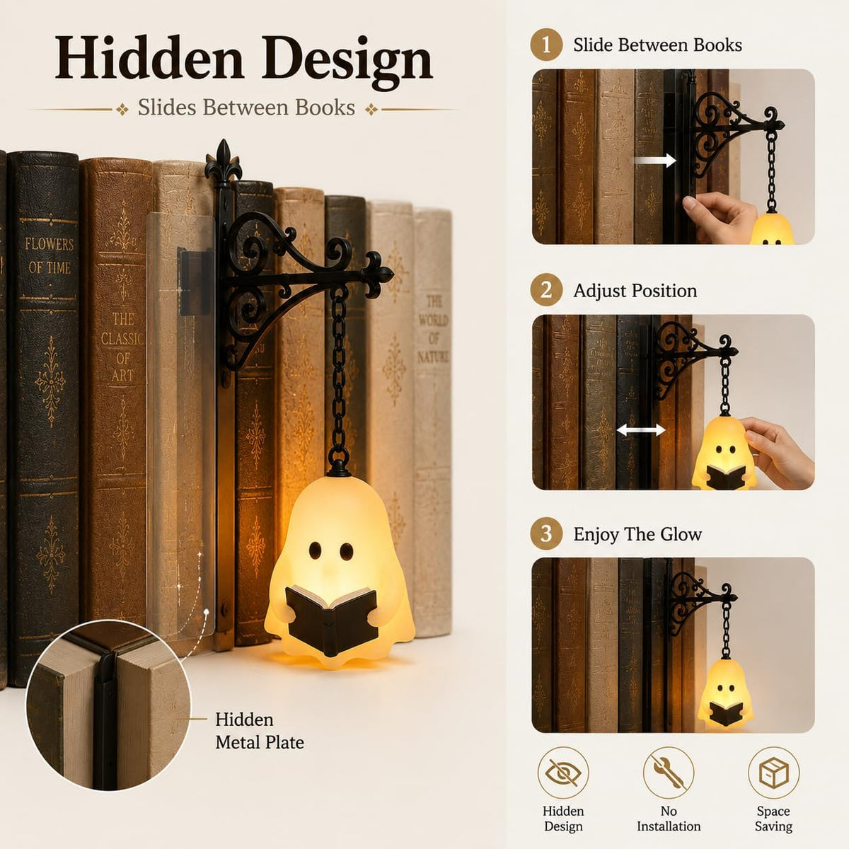Ghost hanging bookshelf lantern slides between books install