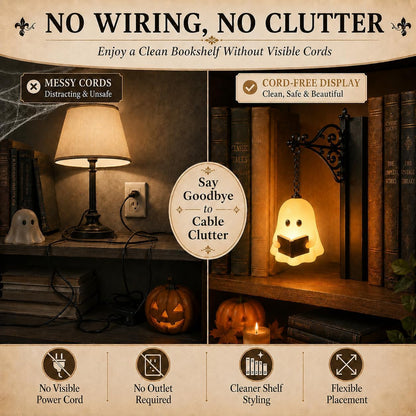 Ghost hanging bookshelf lantern cord-free display vs corded lamp