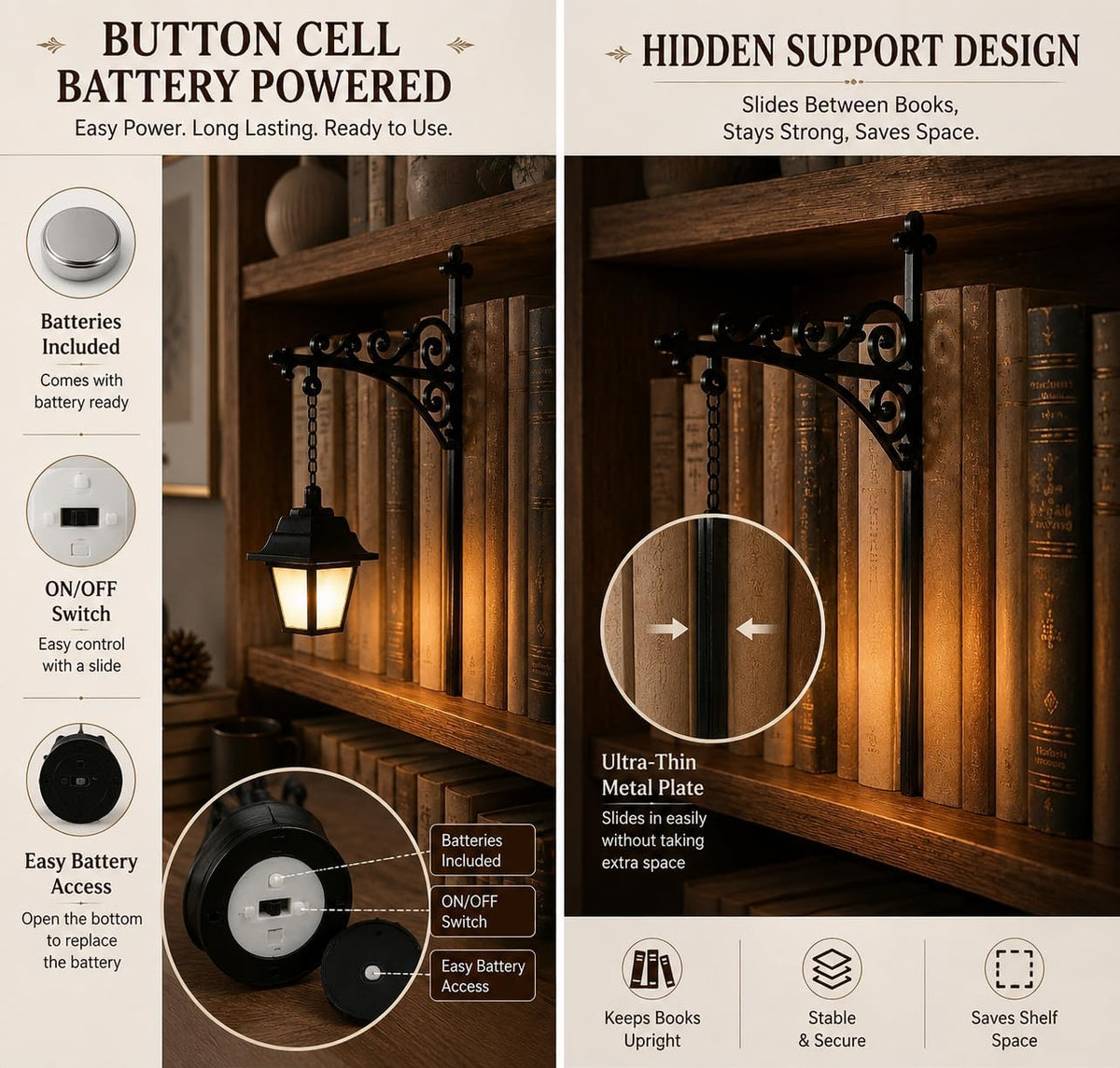 Ghost hanging bookshelf lantern lifestyle on wooden shelf