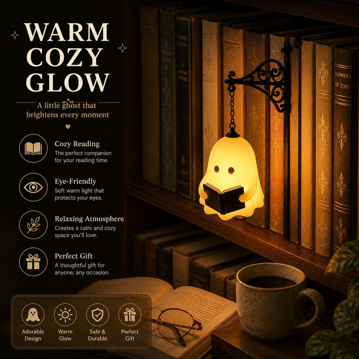 Ghost hanging bookshelf lantern detail and glow