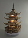 Finished wooden pagoda lamp lit up, front view